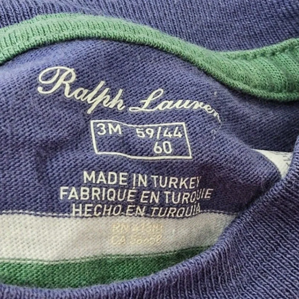 Ralph Lauren Polo Bear T-Shirt Baby 3M Blue Green Striped Short Sleeve Snaps